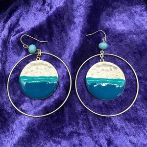 Illuminata Earrings Aqua Blue Goldtone Hammered Boho Statement Art Deco Retro